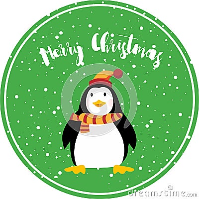 Cute Penguin happy merry christmas card on green background vector illustration Stock Photo