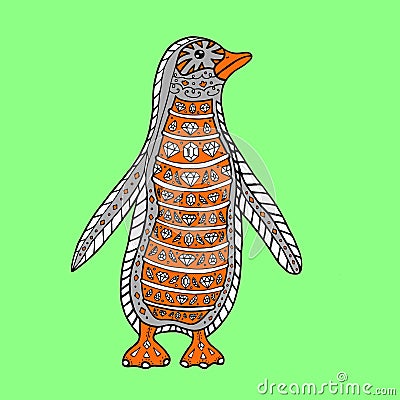 Penguin. Ornament Embroidery. Hand Drawn Pattern. Outline Coloured Stock Photo
