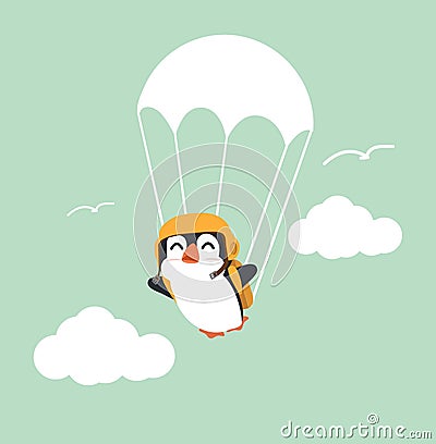 Penguin with parachute jump on sky Vector Illustration