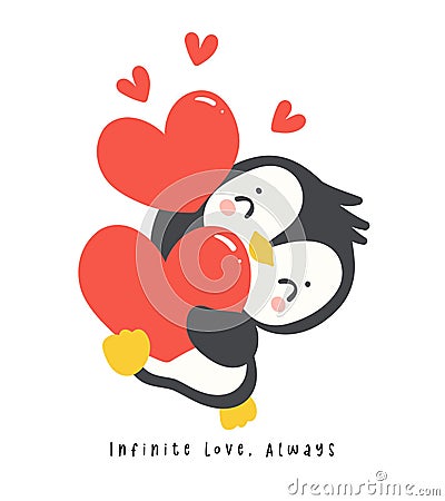Cute penguin with red heart cartoon drawing, Kawaii Valentine animal character illustration, playful hand drawn festive love Vector Illustration