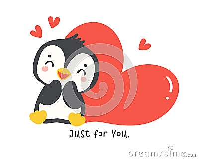 Cute penguin with red heart cartoon drawing, Kawaii Valentine animal character illustration, playful hand drawn festive love Vector Illustration