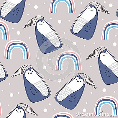 Cute penguin seamless pattern with nordic winter theme. Vector animal wearing hat on christmas with rainbow pastel colors Vector Illustration