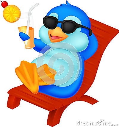 Cute penguin sitting on beach chair Vector Illustration