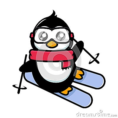 Cute penguin skiing mascot design Vector Illustration