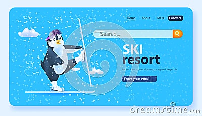 cute penguin skiing ski resort concept Vector Illustration