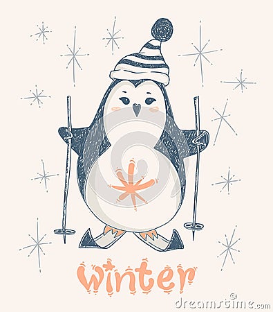 Cute penguin skiing. Vector print design for kid t-shirts,dress or greeting cards. Vector Illustration