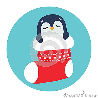 Cute penguin sleeps in a Christmas stocking. Happy Holidays. Winter animal. Vector illustration. Vector Illustration
