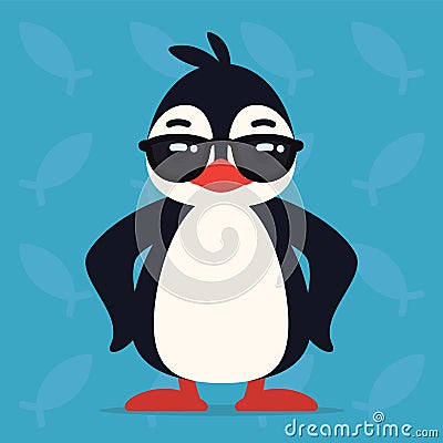 Cute penguin standing in cool pose. Vector illustration of arctic bird in sunglasses shows awesome emotion. Emoji Vector Illustration