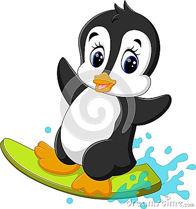 Cute penguin surfing cartoon Vector Illustration