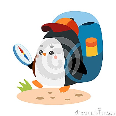 Cute Penguin traveler go hiking with backpack and compass, cartoon vector character Vector Illustration