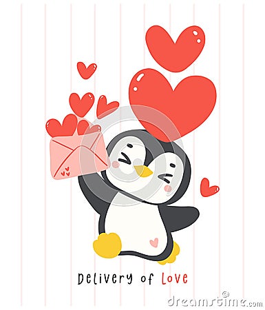 Cute penguin Valentine with love mail cartoon drawing, Kawaii animal character illustration Vector Illustration