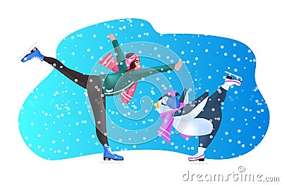 cute penguin with woman skating on ice rink winter activities Vector Illustration