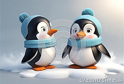 cute penguins couple on Winter landscape Generative AI Stock Photo