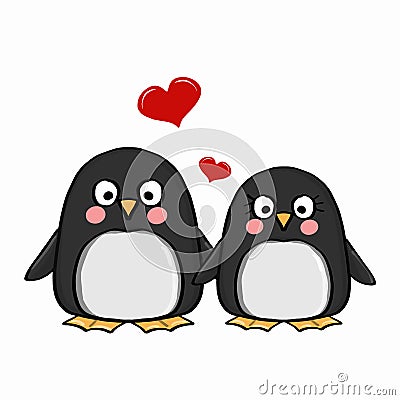 Cute penguins family and heart Vector Illustration