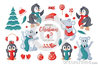 Cute penguins, mouses and items icon set isolated on white background Vector Illustration