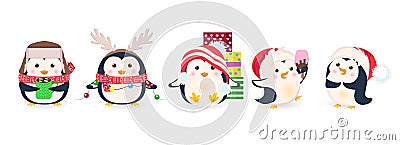 Cute penguins set. Xmas cartoon vector illustration. Vector Illustration