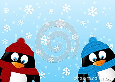 Cute penguins on winter background Vector Illustration