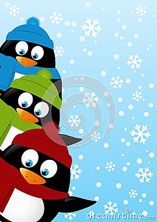Cute penguins on winter background Vector Illustration