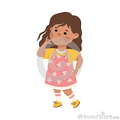 Cute pensive little girl solving problem. Thoughtful brunette girl dressed yellow t-shirt and pink sundress thought Cartoon Illustration