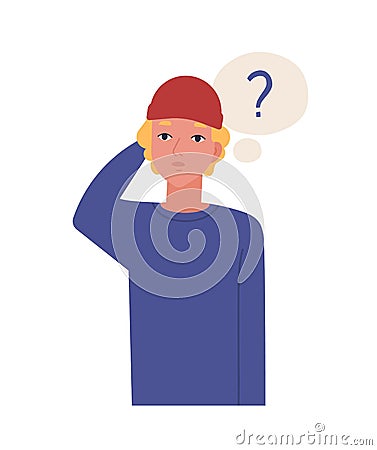 Cute pensive teenage boy isolated on white background. Funny thoughtful guy in hat and thought balloon with Vector Illustration