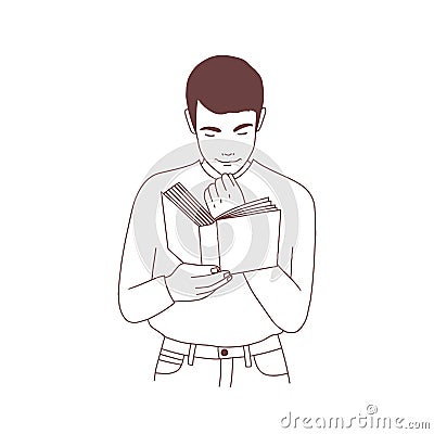 Cute pensive young man reading book or preparing for examination. Portrait of male student or literature reader hand Vector Illustration