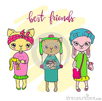 Cute pet friends illustration, cats and bunny. Vector Illustration