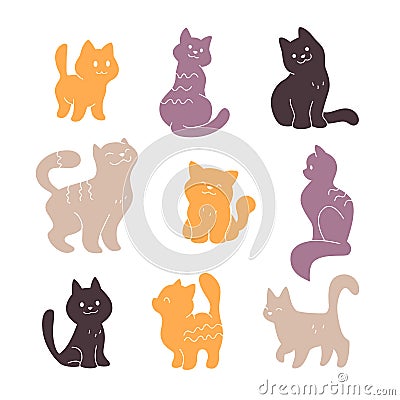 Collection of cute smiling cat silhouettes sit, walk, stand isolated on white background. Vector Illustration