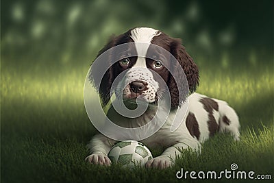 Cute pet puppy dog with ball in garden on grass Stock Photo