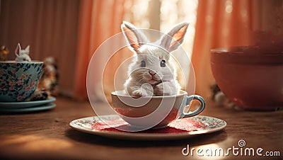 Cute pet home rabbit cup cartoon cutest decorative banner fluffy comfort charming looking design Stock Photo