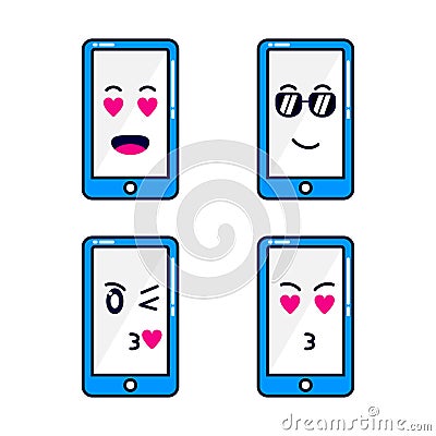 Cute phone cartoon characters with amazed expressions, falling in love, cool wearing sunglasses, flirting, perverted. Vector Illustration