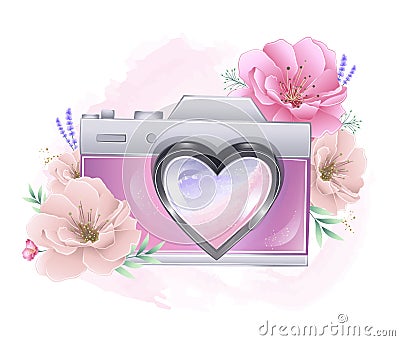 Cute photo camera with beautiful flowers around Vector Illustration
