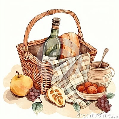 Cute picknick basket, clip art on white background, Generative AI Stock Photo