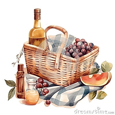 Cute picknick basket, clip art on white background, Generative AI Stock Photo