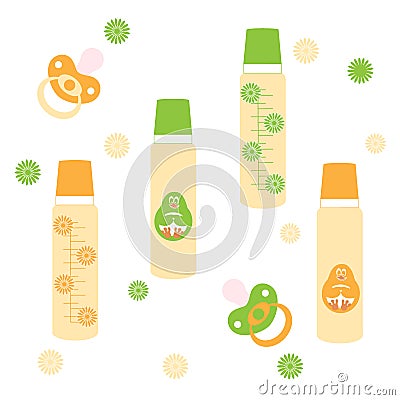 Cute picture of a baby bottle with a cartoon figure and dummy Vector Illustration