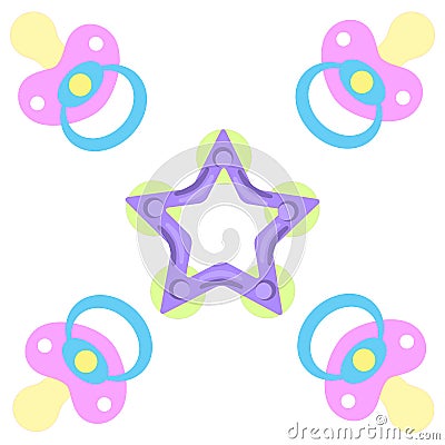 Cute picture of a baby pacifiers and teething ring Vector Illustration