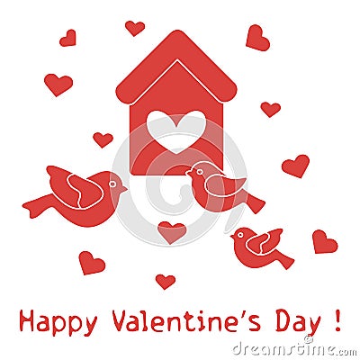 Birds, birdhouse and hearts. Valentine's Day. Vector Illustration