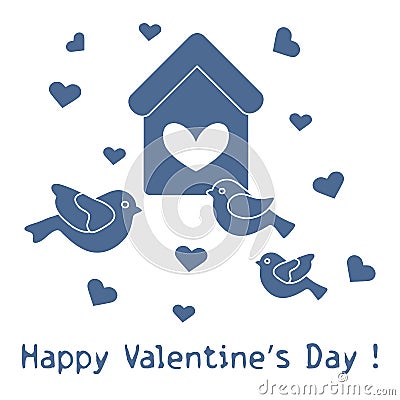 Birds, birdhouse and hearts. Valentine's Day Vector Illustration