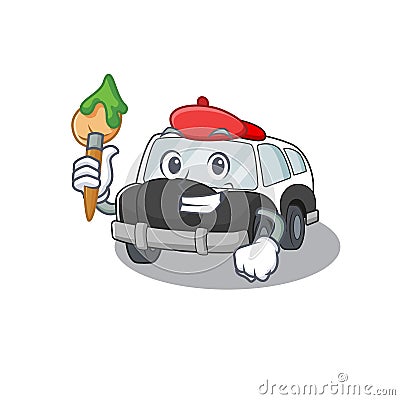 A cute picture of police car as an Artist having a brush Vector Illustration