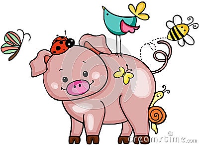 Cute pig with animal friends Vector Illustration