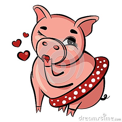 Cute pig blows kiss. Pink pig winks with eye. Fat adult pig sits in short skirt. Isolated Vector Illustration Vector Illustration