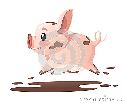 Cute pig. Cartoon character design. Running little pig in mud. Flat vector illustration isolated on white background Cartoon Illustration