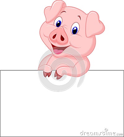 Cute pig cartoon holding blank sign Vector Illustration