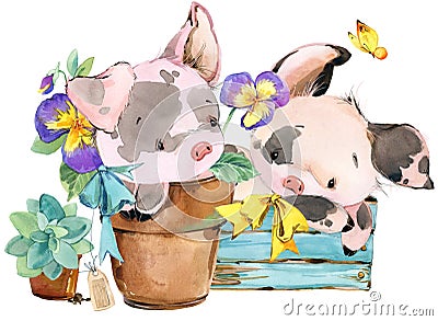 Cute pig. cartoon watercolor animal illustration. Cartoon Illustration