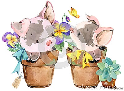 Cute pig. cartoon watercolor animal illustration. Cartoon Illustration