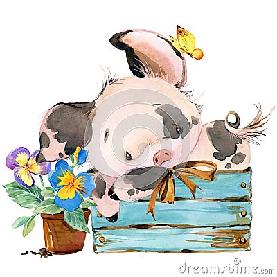 Cute pig. cartoon watercolor animal illustration. Cartoon Illustration