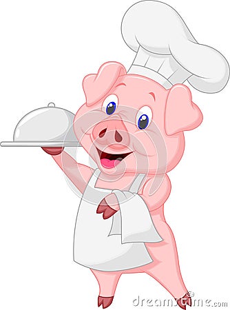 Cute pig chef cartoon holding platter Vector Illustration