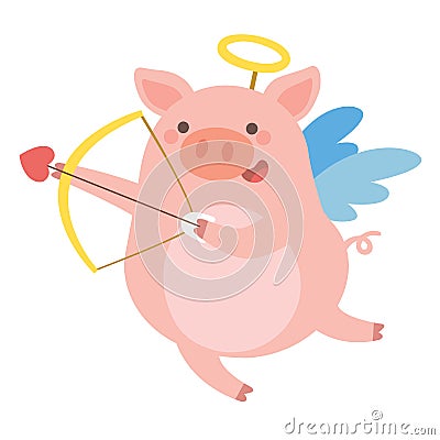 Cute Pig cupid shoots a bow. Vector Illustration