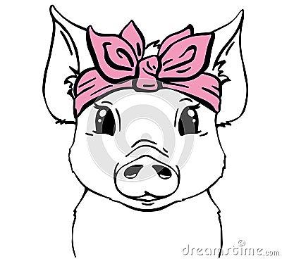 Cute pig face with bandana children's t-shirt print. Baby cute farm vector Vector Illustration