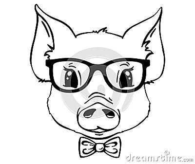 Cute pig face glasses and tie. Hipster children's t-shirt print Vector Illustration