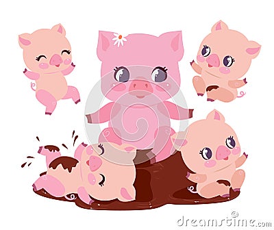 Cute Pig Family Bathe Dirt Puddle Flat Vector Illustration. Happy Chubby Baby Swine Play in Dirty Mud. Pink Young Piglet Vector Illustration